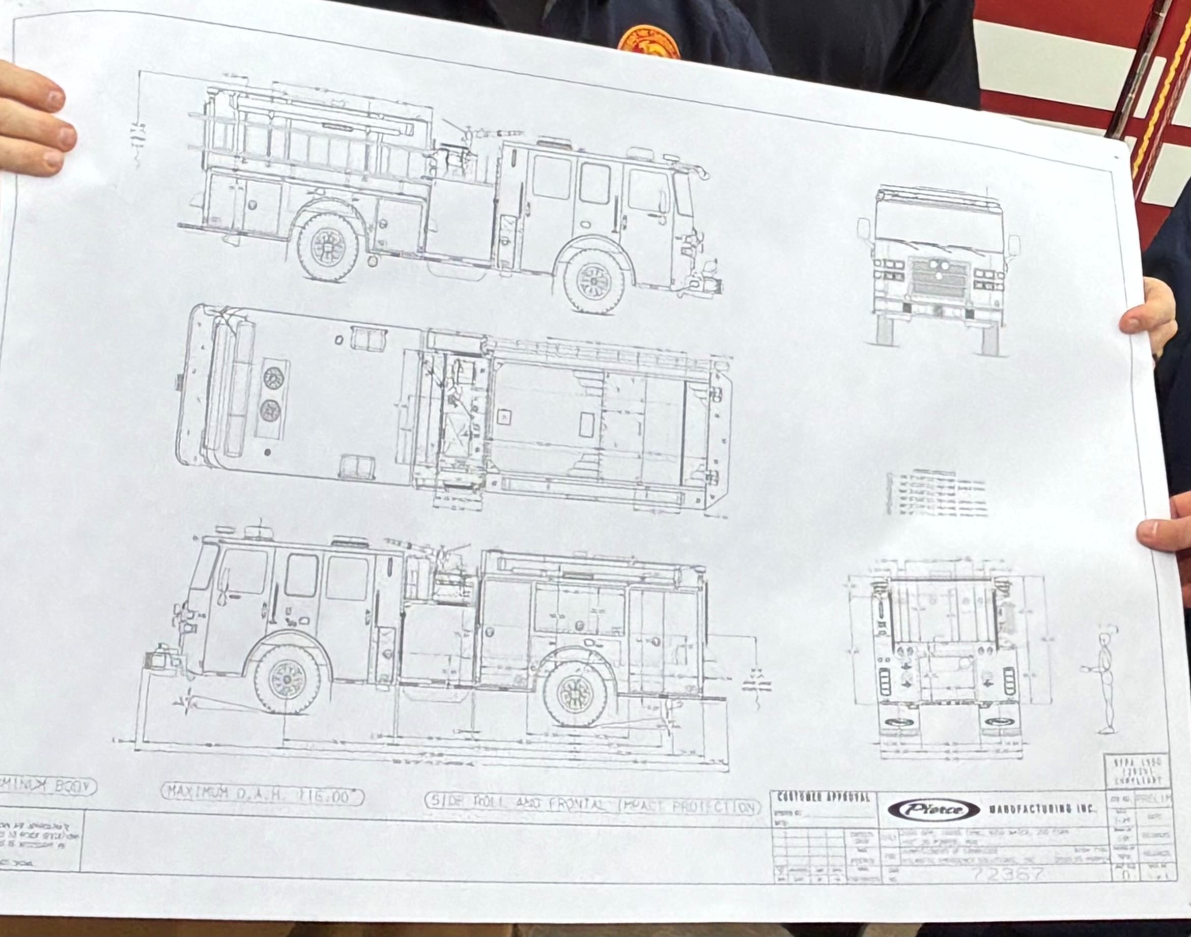 mechanical drawing of a fire engine to detail specifications